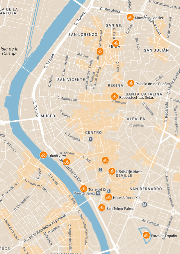 Kaart van de unieke fietsroute door Sevilla langs iconische monumenten en de authentieke noordelijke wijken.